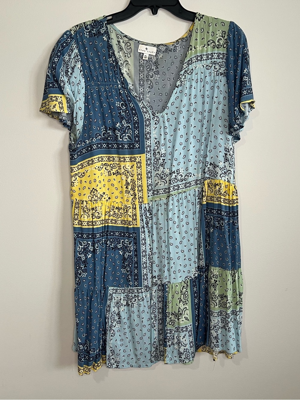 True Craft Patchwork V-Neck Flowy Dress in Light Blue, Navy & Yellow